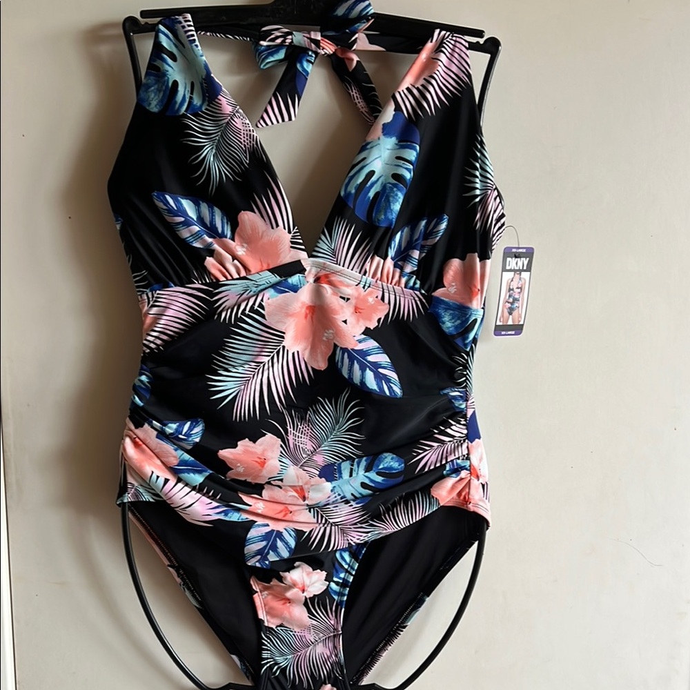 DKNY Black and Pink Floral One Piece Swimsuit Size XXL